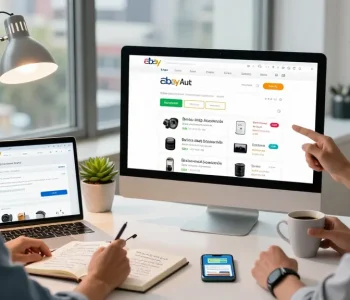 Buying eBay accounts made easy in a dynamic workspace, featuring a focused professional.