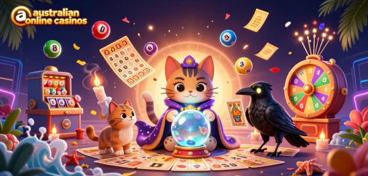 Engage with australian online casinos through an exciting 3D fortune teller scene filled with vibrant lottery elements.