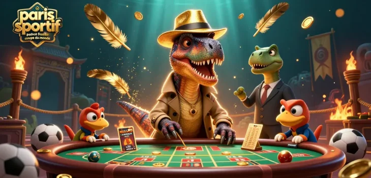 paris sportif france coupe du monde : un velociraptor mise sur des paris sportifs au milieu d'une ambiance dynamique de jeu