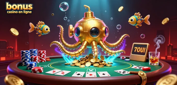 Illustration vibrante de "bonus casino en ligne", kraken sous-marin doré entouré de pièces et de jetons de poker.