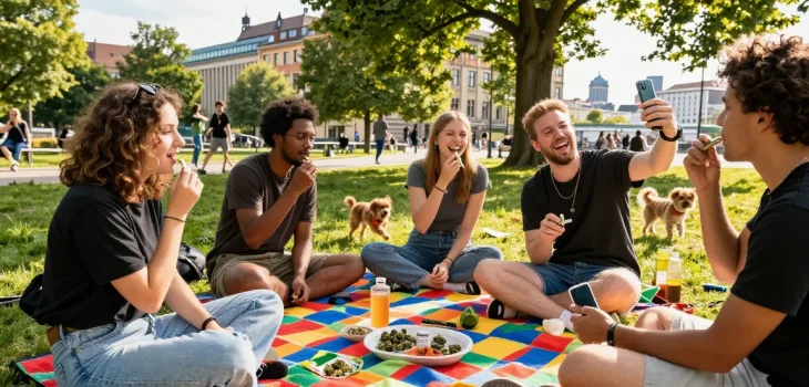 Is Weed Legal In Berlin? – Buying Weed In Berlin Guide scene showing friends enjoying cannabis products in a Berlin park.