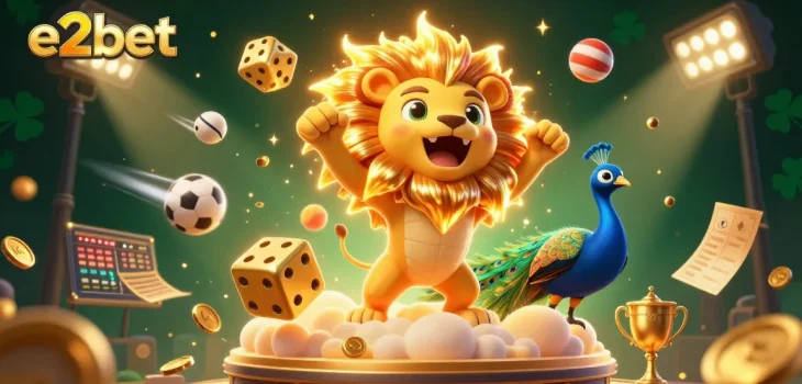 Join the excitement at e2bet with a dynamic 3D illustration capturing casino games, golden dice, and sports betting elements.