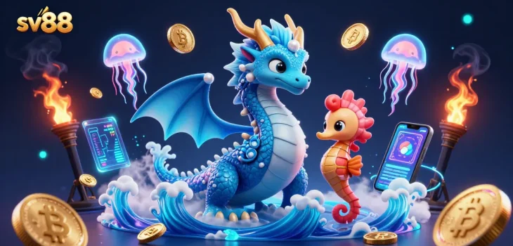 Betting on sv88 with a mesmerizing underwater scene featuring a dragon and coral knight.