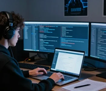 Focused individual exploring Best Darknet Markets 2026 on multiple screens, showcasing cryptocurrency interfaces and market data.