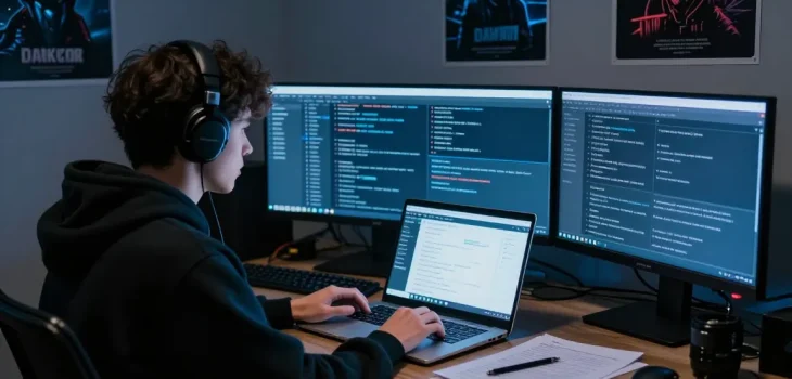 Focused individual exploring Best Darknet Markets 2026 on multiple screens, showcasing cryptocurrency interfaces and market data.