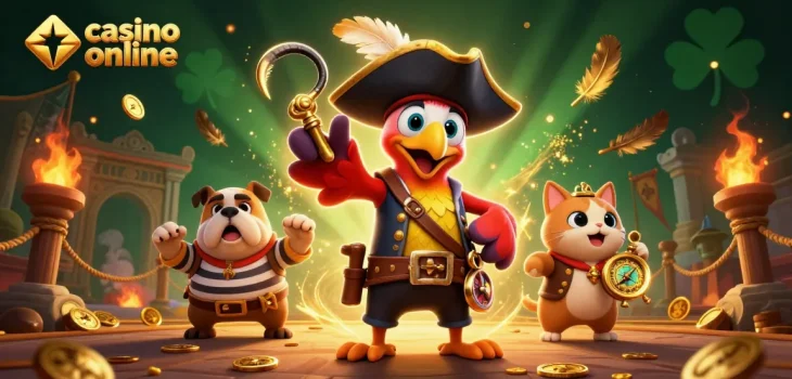 Découvrez le casino en ligne avec ce design captivant, mettant en scène un pirate et un chien sur un fond atmosphérique.