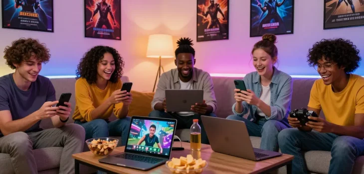 Friends enjoying a vibrant game night on indo cair platform with devices and snacks.