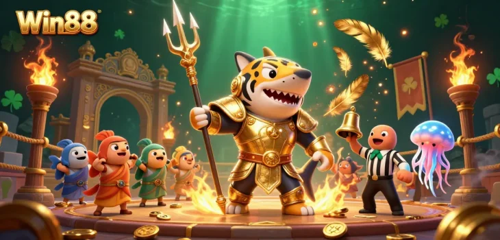 Engage in the Win88 casino experience with a vibrant underwater colosseum featuring a fierce tiger shark and playful fish.