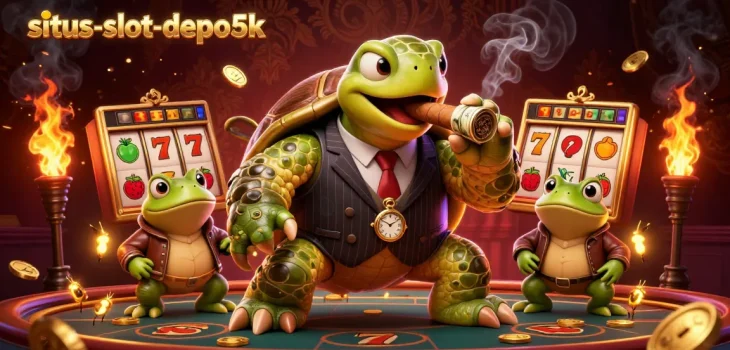 Engage with situs-slot-depo5k to win jackpot rewards with exciting slot reels in a vibrant casino scene.