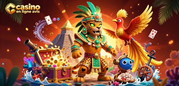 Illustration captivante de jeu, montrant les personnages emblématiques avec casino en ligne avis en haut à gauche.