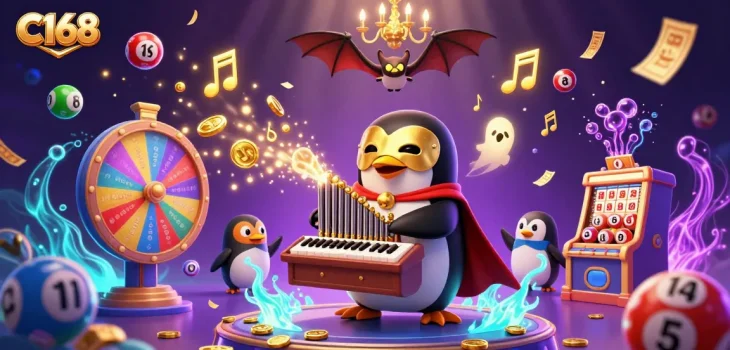 C168 platform showcases a vibrant gaming world with festive lottery elements and engaging characters.